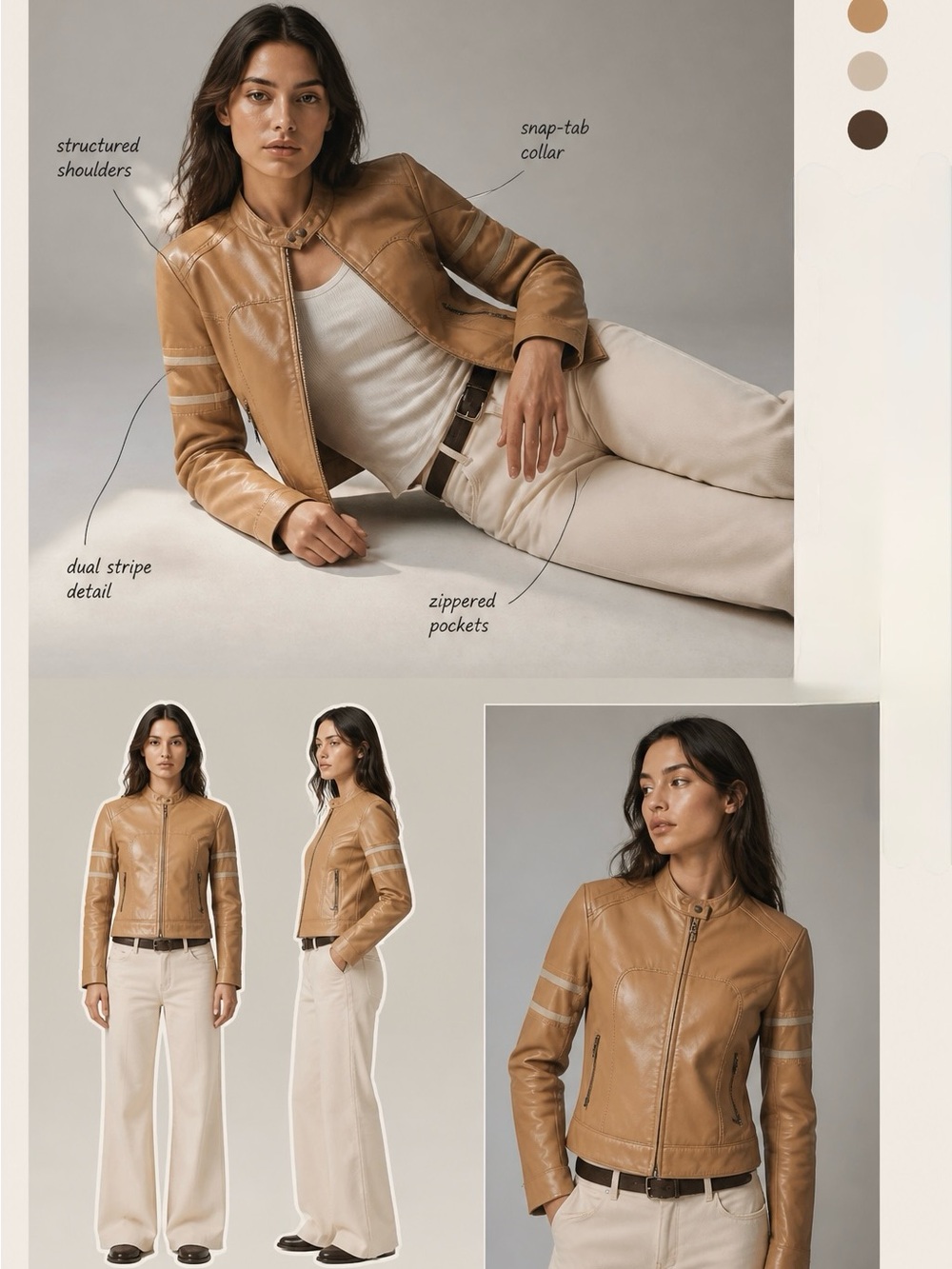 Women's Tan Leather Moto Jacket with Dual Stripe Sleeve Detail